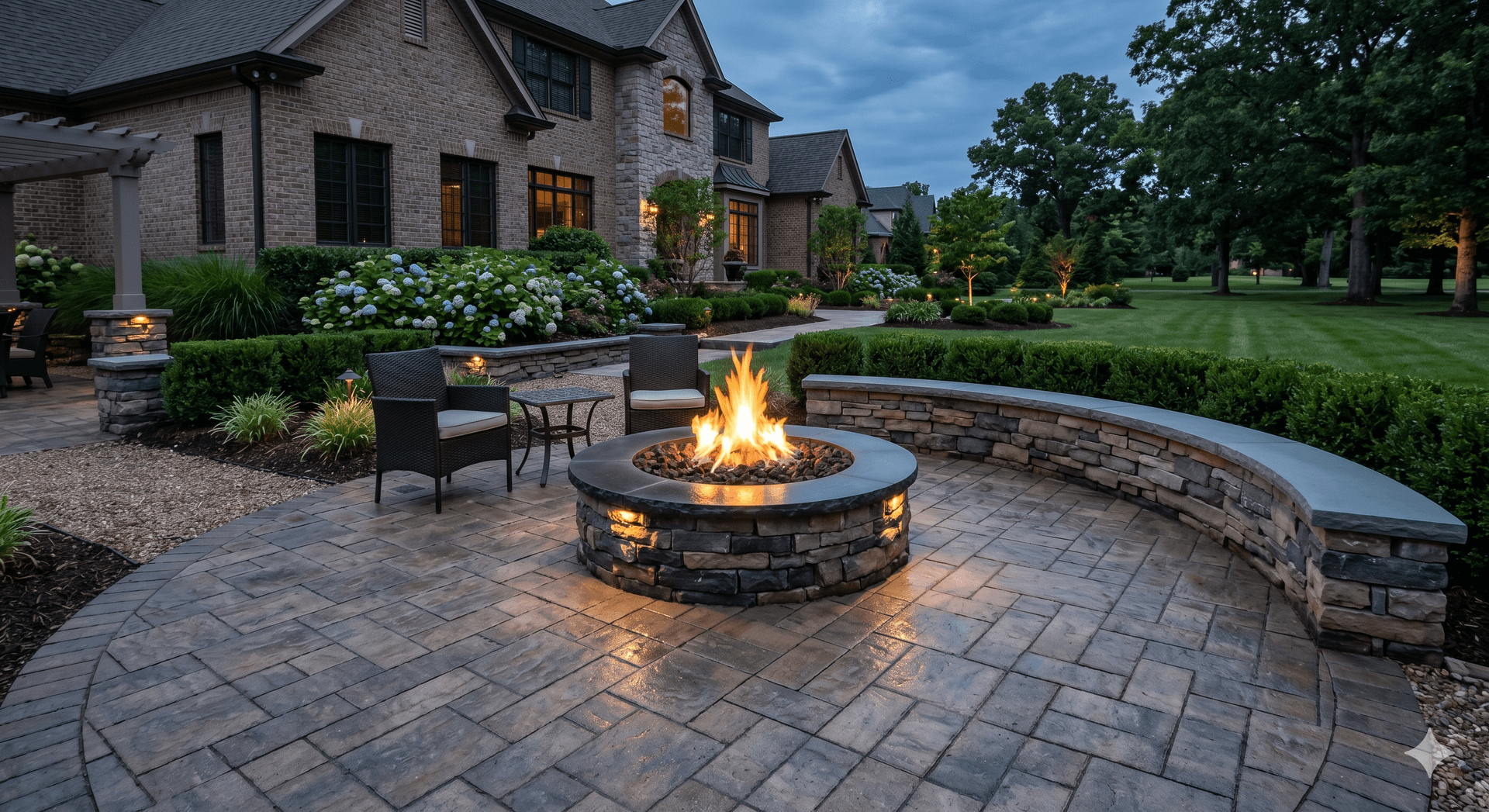 Backyard fire pit and paver patio at a Central Kentucky home