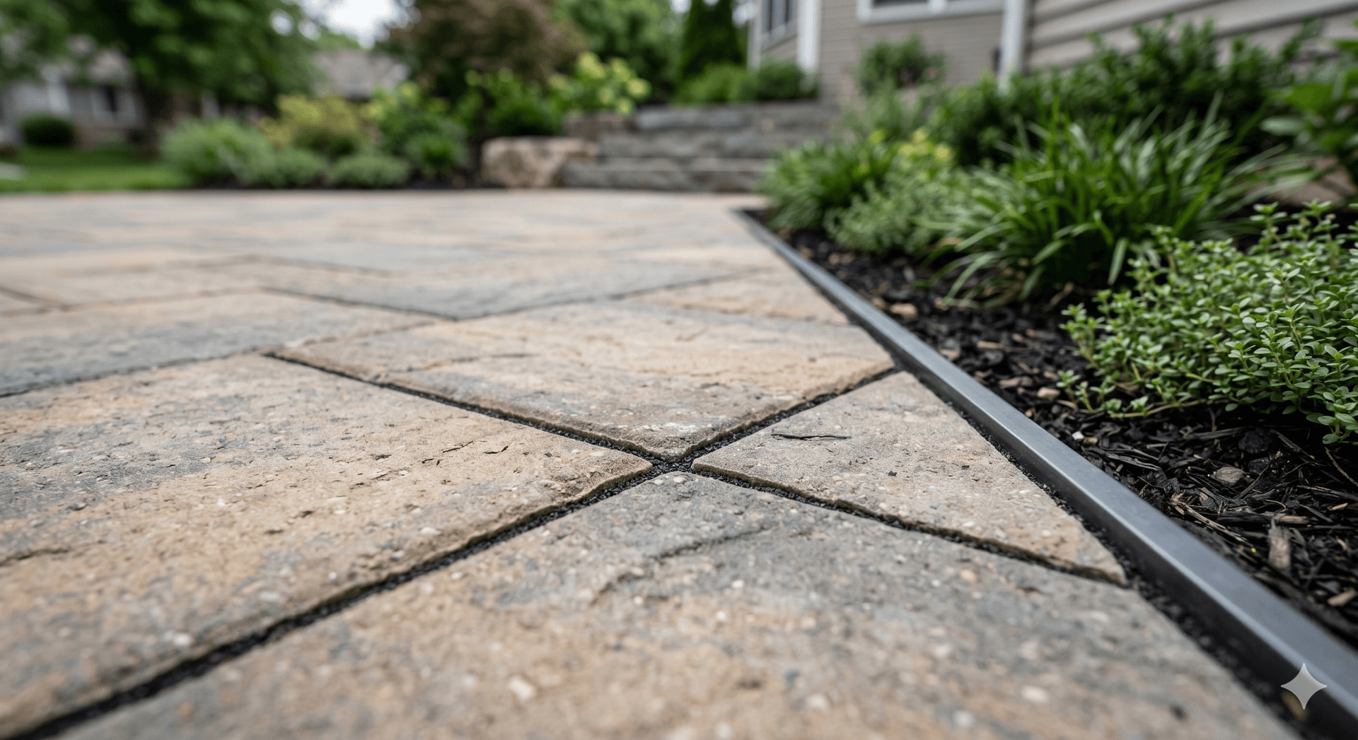 Close-up of paver patio installation showing joint lines and finish quality