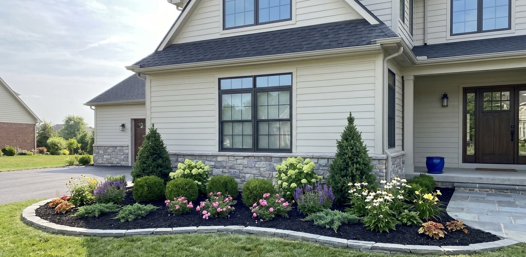 Finished high-end foundation planting with evergreen structure and layered flowering material