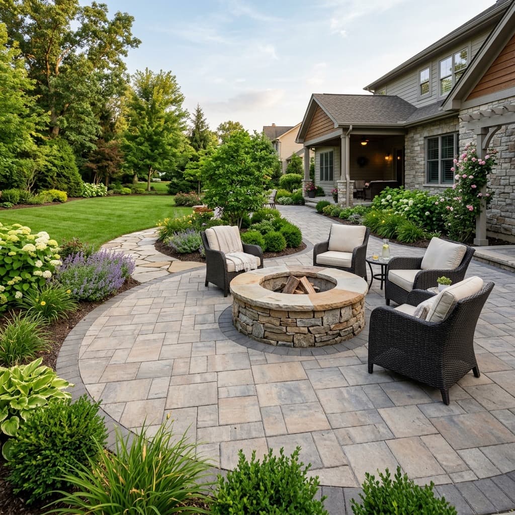 Custom paver patio and outdoor living space with clean hardscape lines