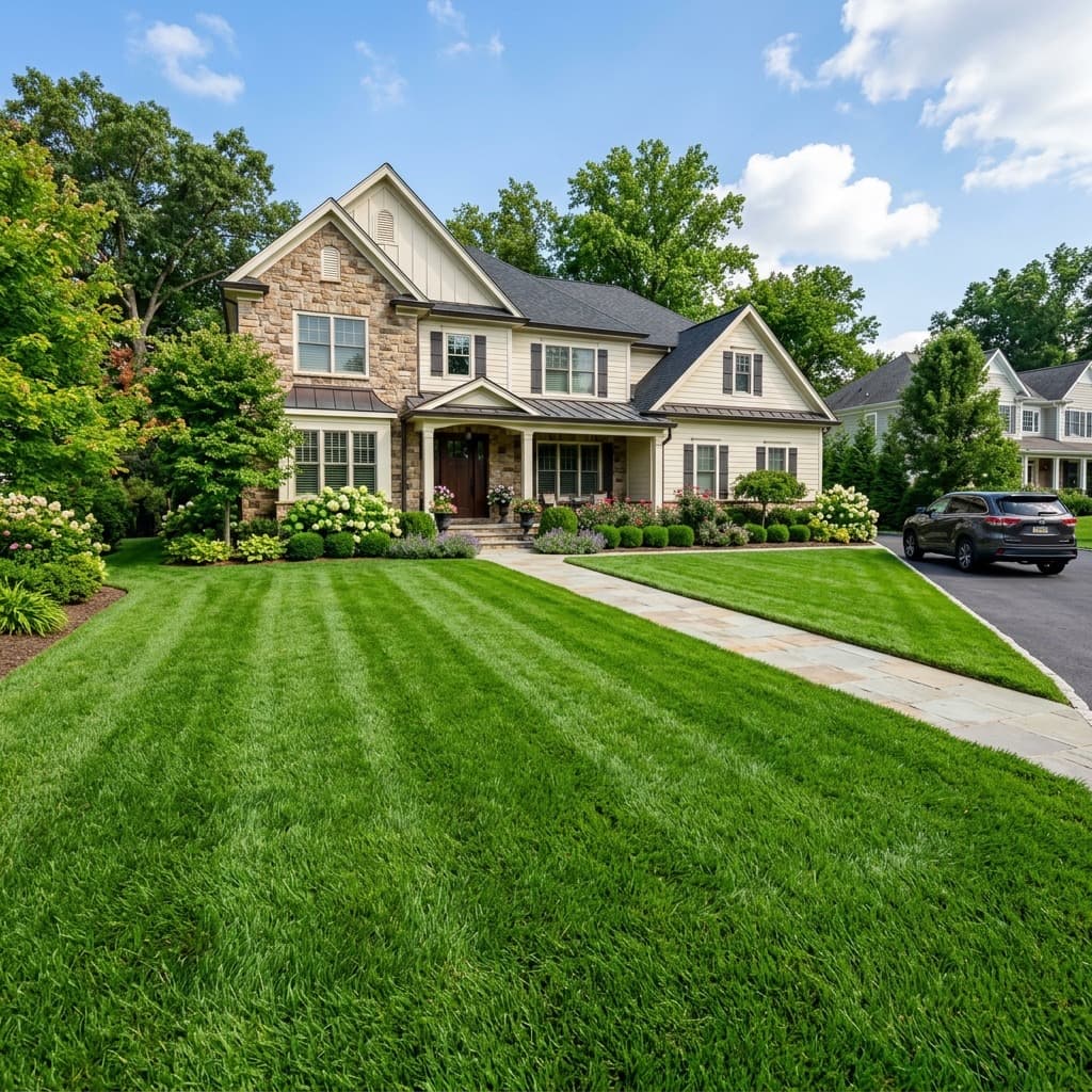 Healthy, thick green residential lawn after aeration and fertilization