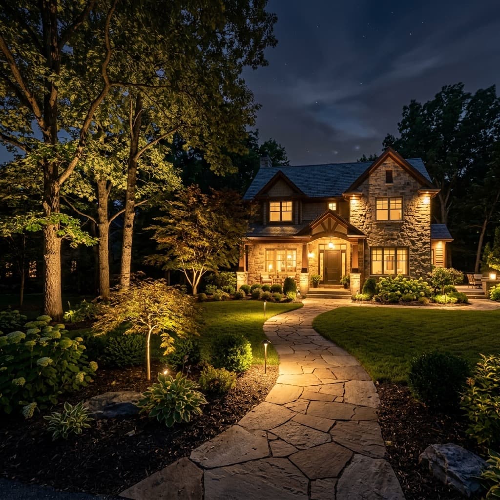 Landscape lighting illuminating a residential home and front walkway at dusk