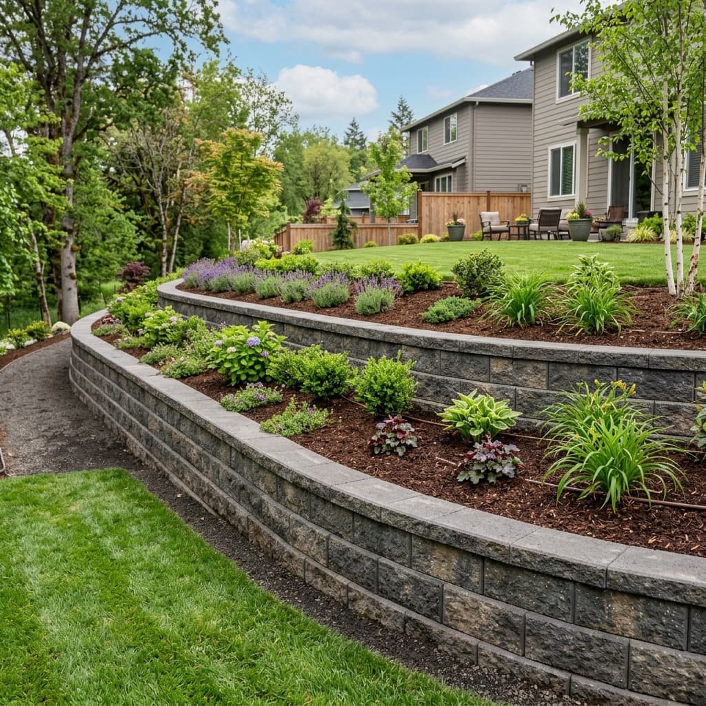 Structural retaining wall built with premium stone blocks for landscape grading