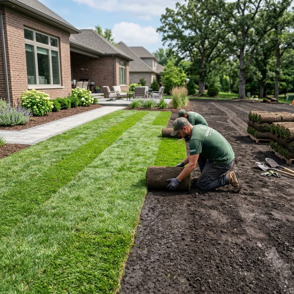 Crew rolling out fresh sod for a new residential lawn installation