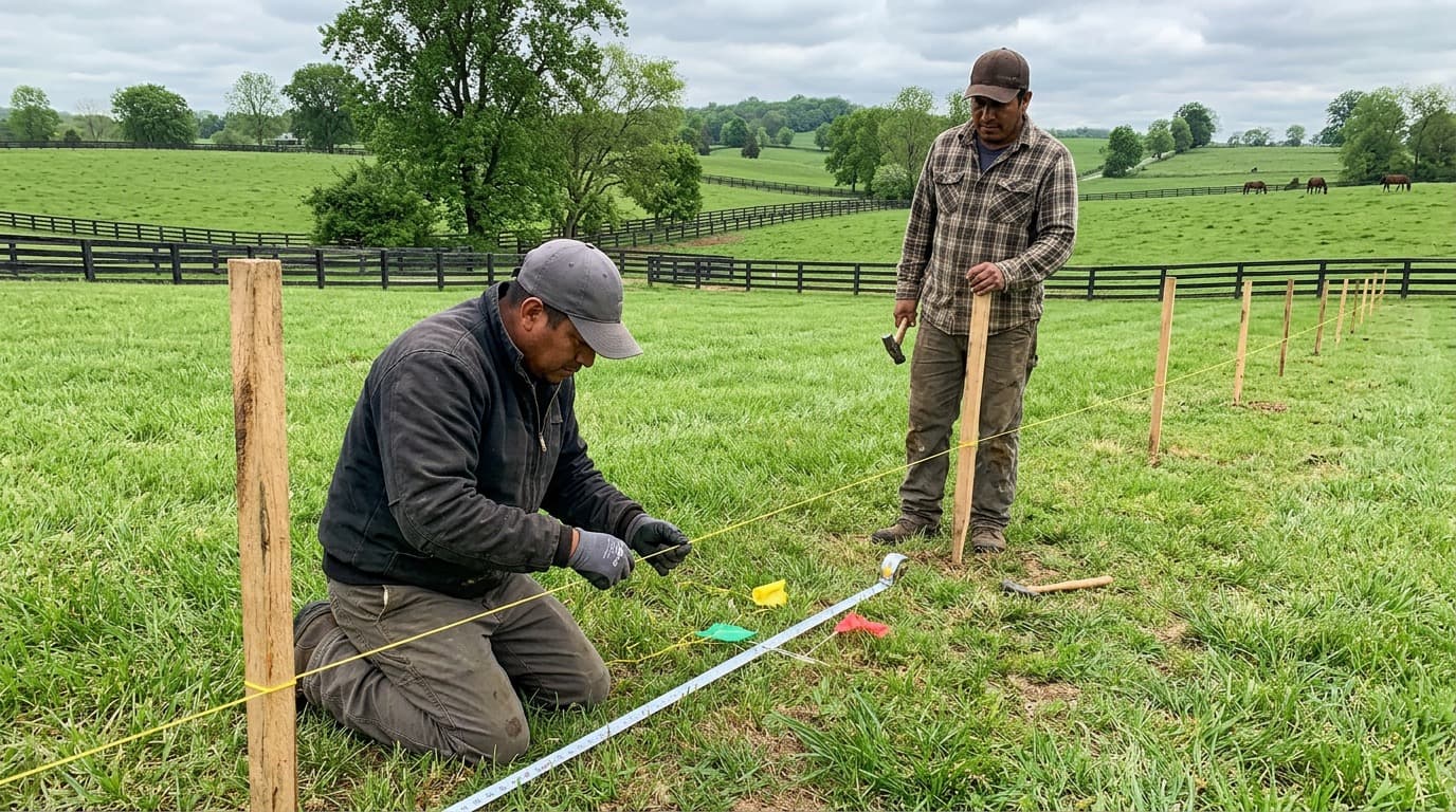 Crew running string lines to lay out fence post locations