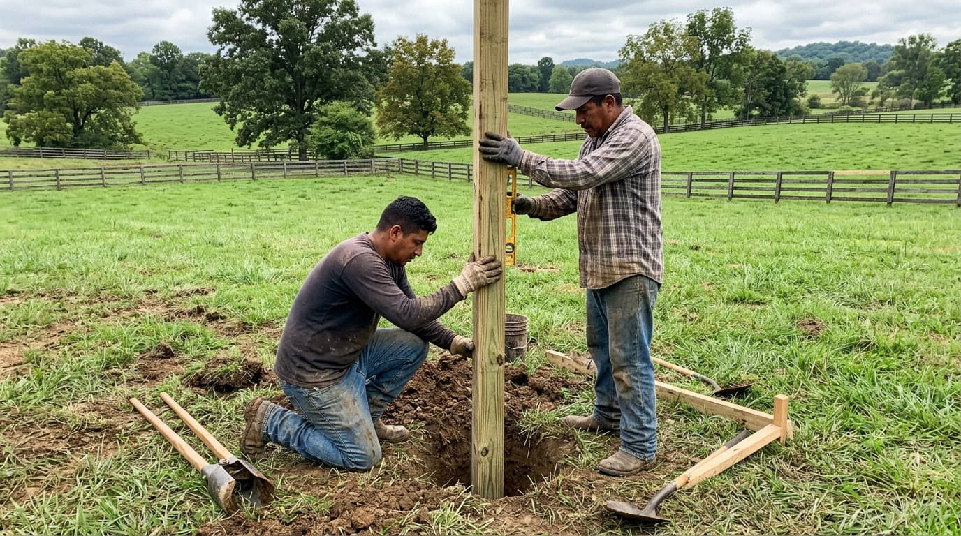 Setting fence posts plumb and secure in concrete footings
