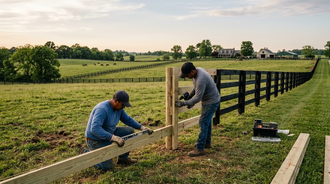 Crew building a black 4-board farm fence on a Lexington property at sunset