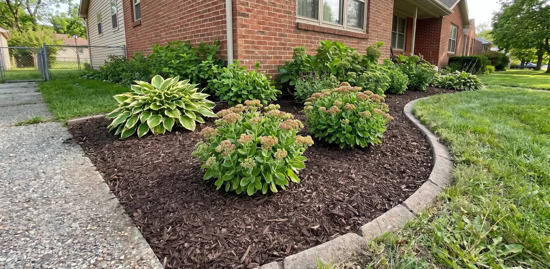 Landscape beds after cleanup reset with fresh mulch applied and clean edges