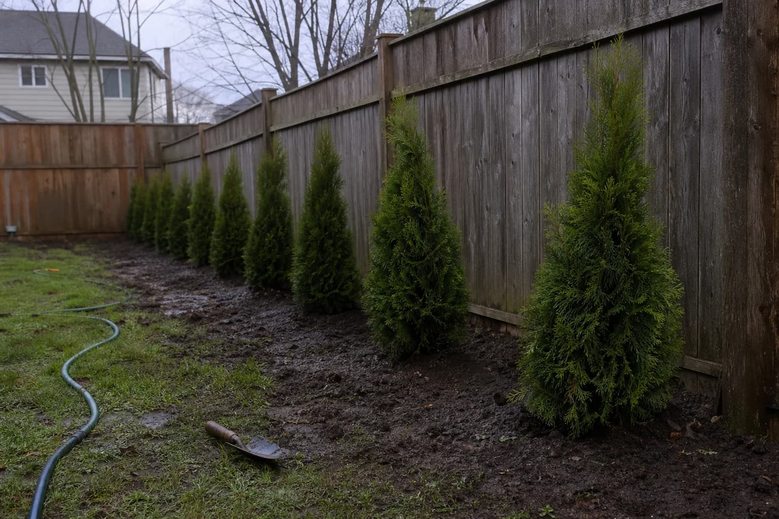 Finished arborvitae privacy row from a clean angle showing consistent spacing and height