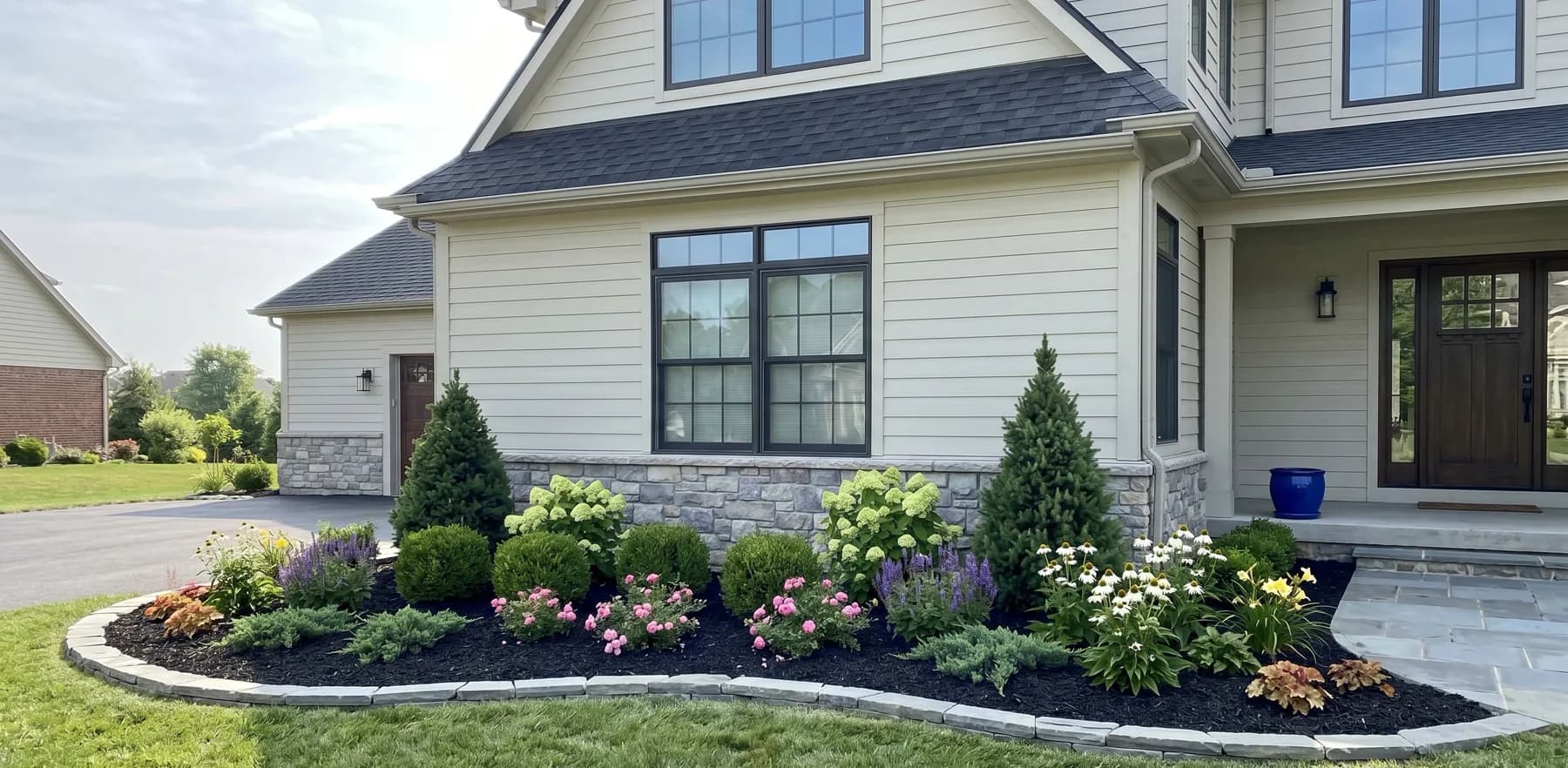 Finished mixed evergreen and flowering foundation bed after planting installation