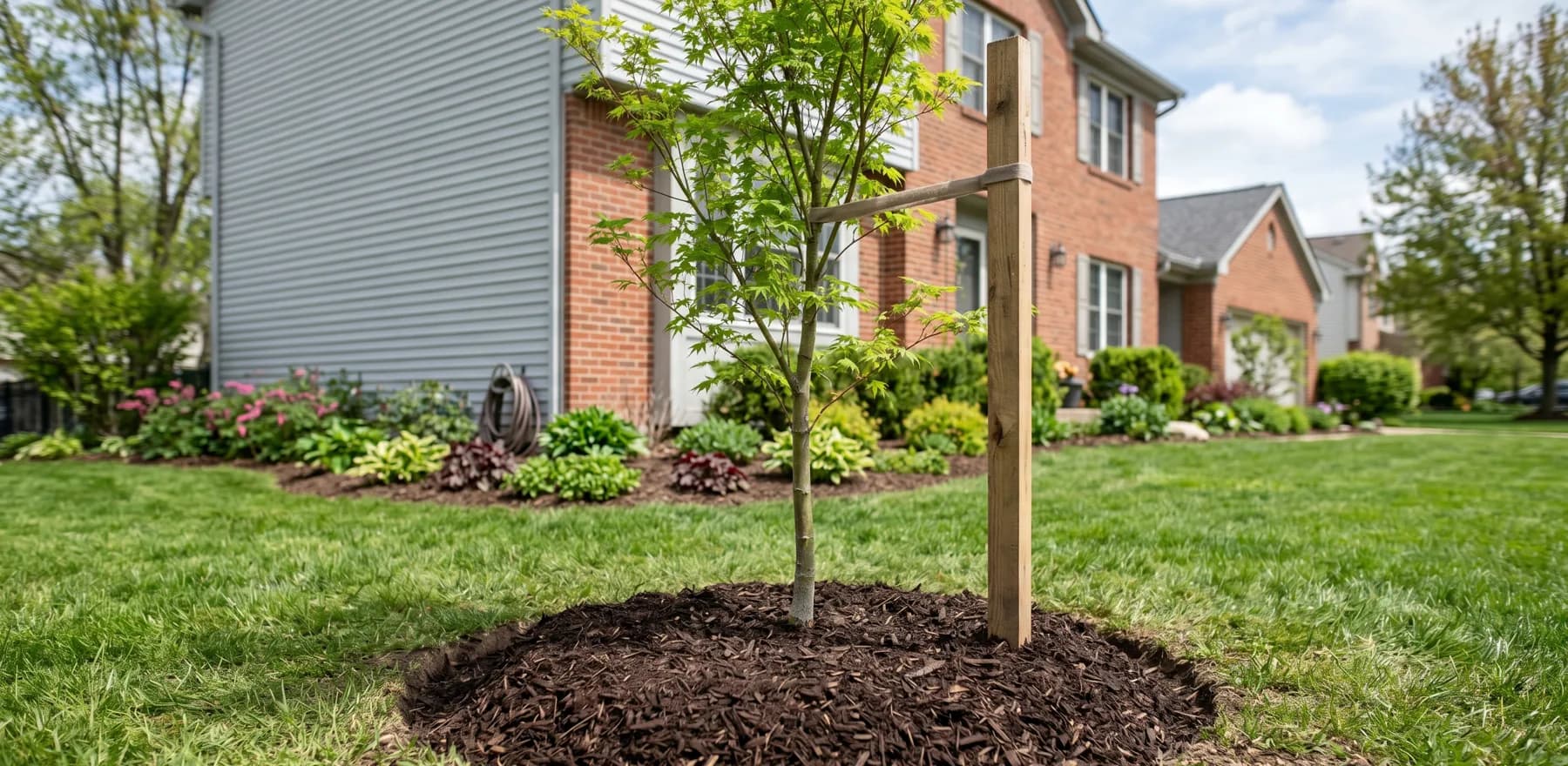 Newly planted tree with a clean mulch ring and stakes in a residential front yard