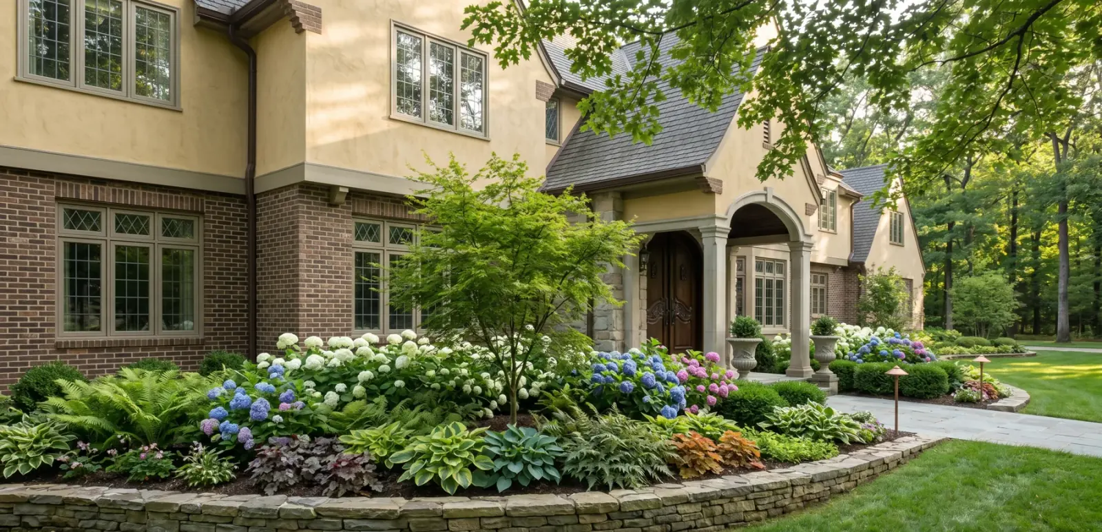 Shade foundation bed with layered plantings after a completed design install