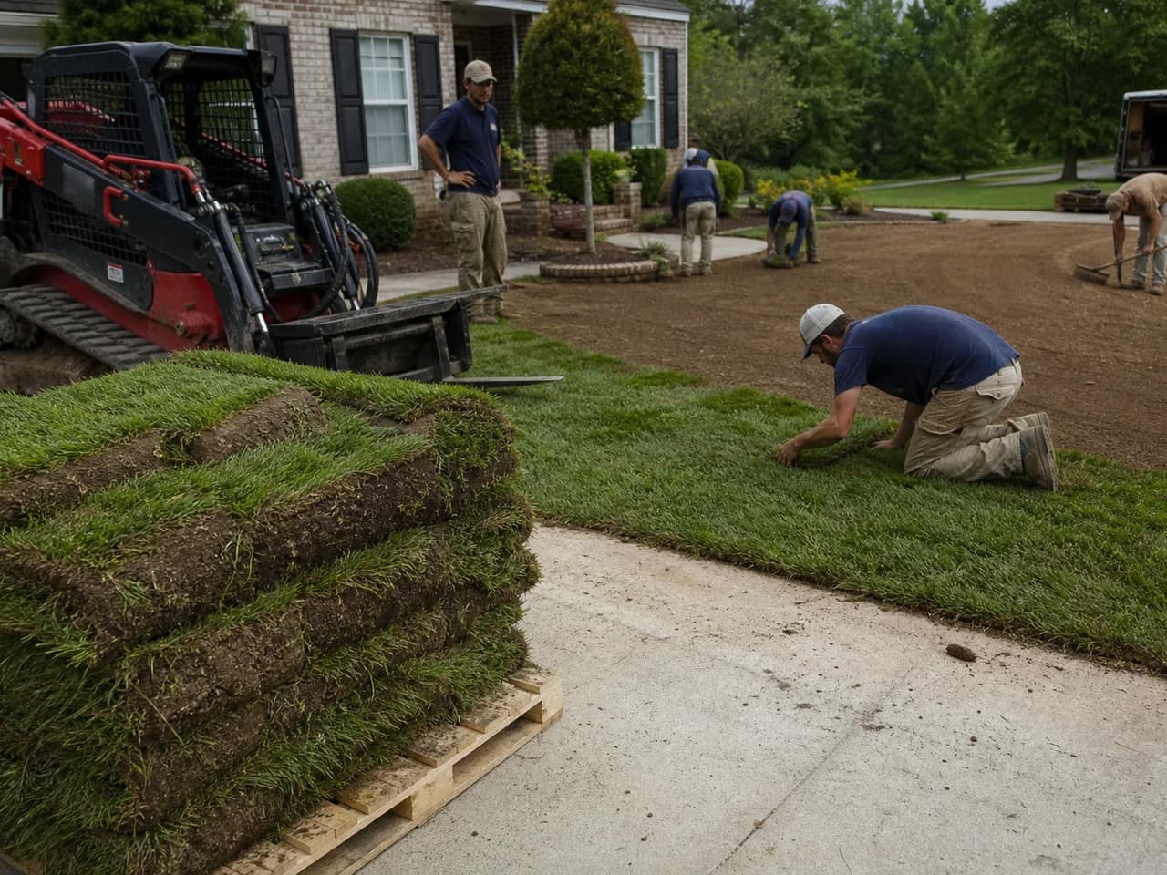 Landscaping crew installing fescue sod with pallets and compact machinery