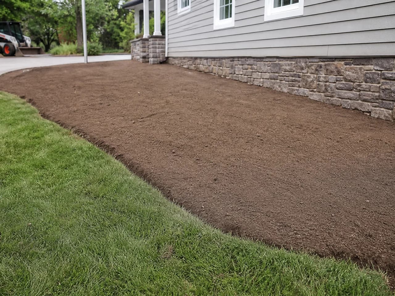 Prepared soil beside an established lawn before a smaller sod installation