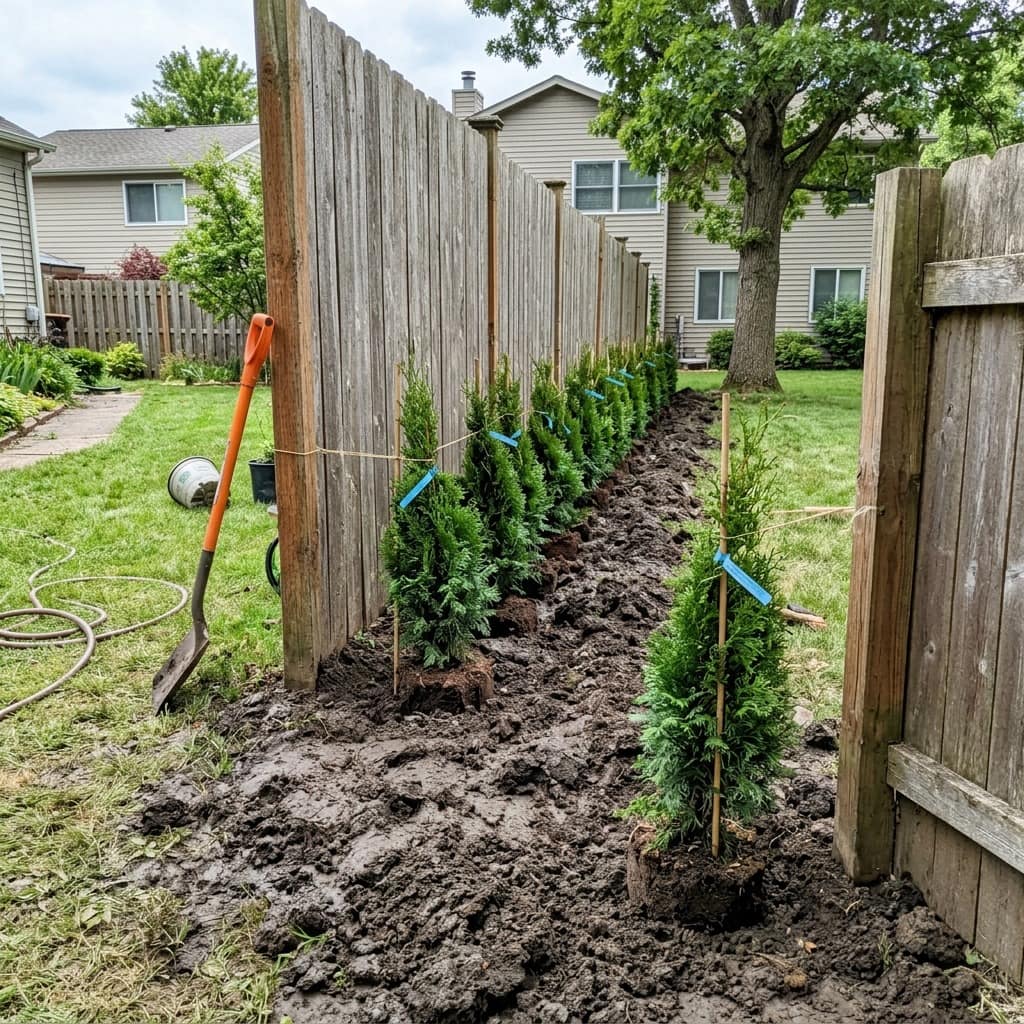 Example arborvitae privacy row planted along a driveway for screening