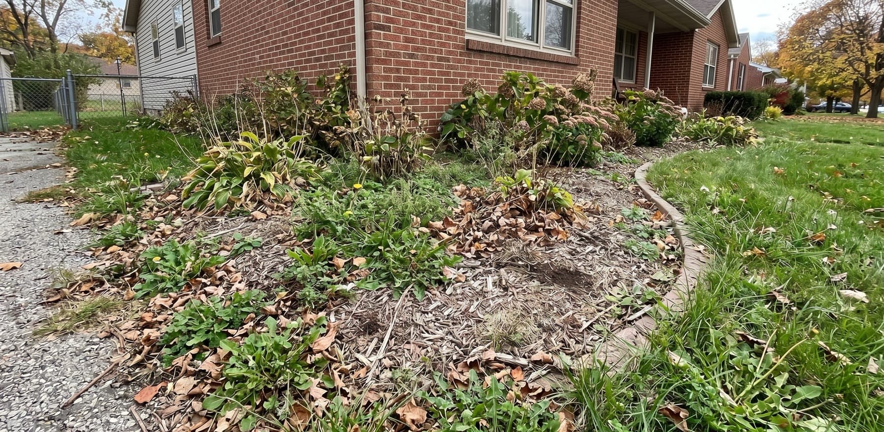 Example landscape bed before cleanup with weeds, leaves, and thin mulch coverage
