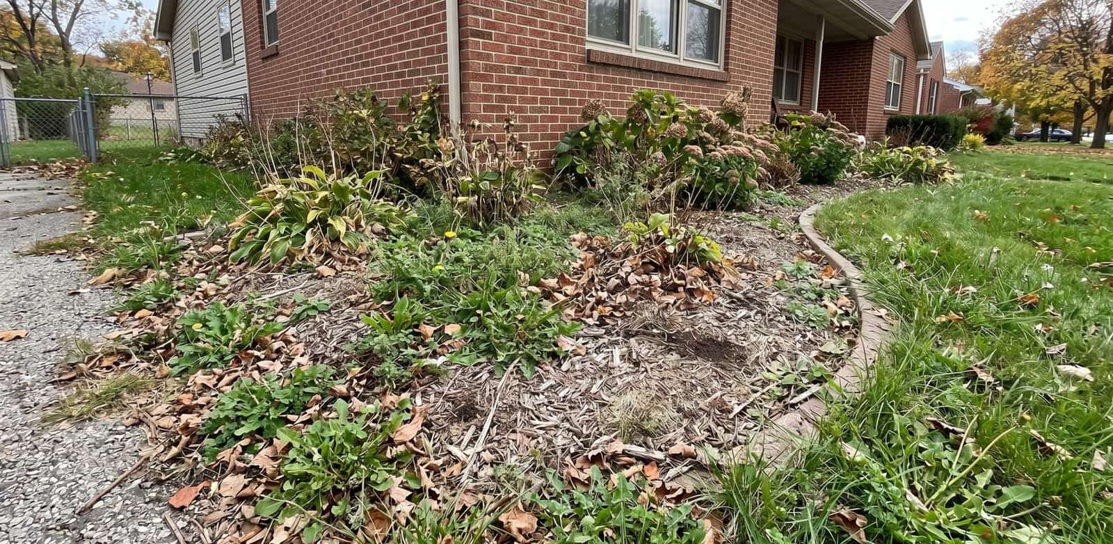 Example landscape bed before cleanup with weeds, leaves, and thin mulch coverage