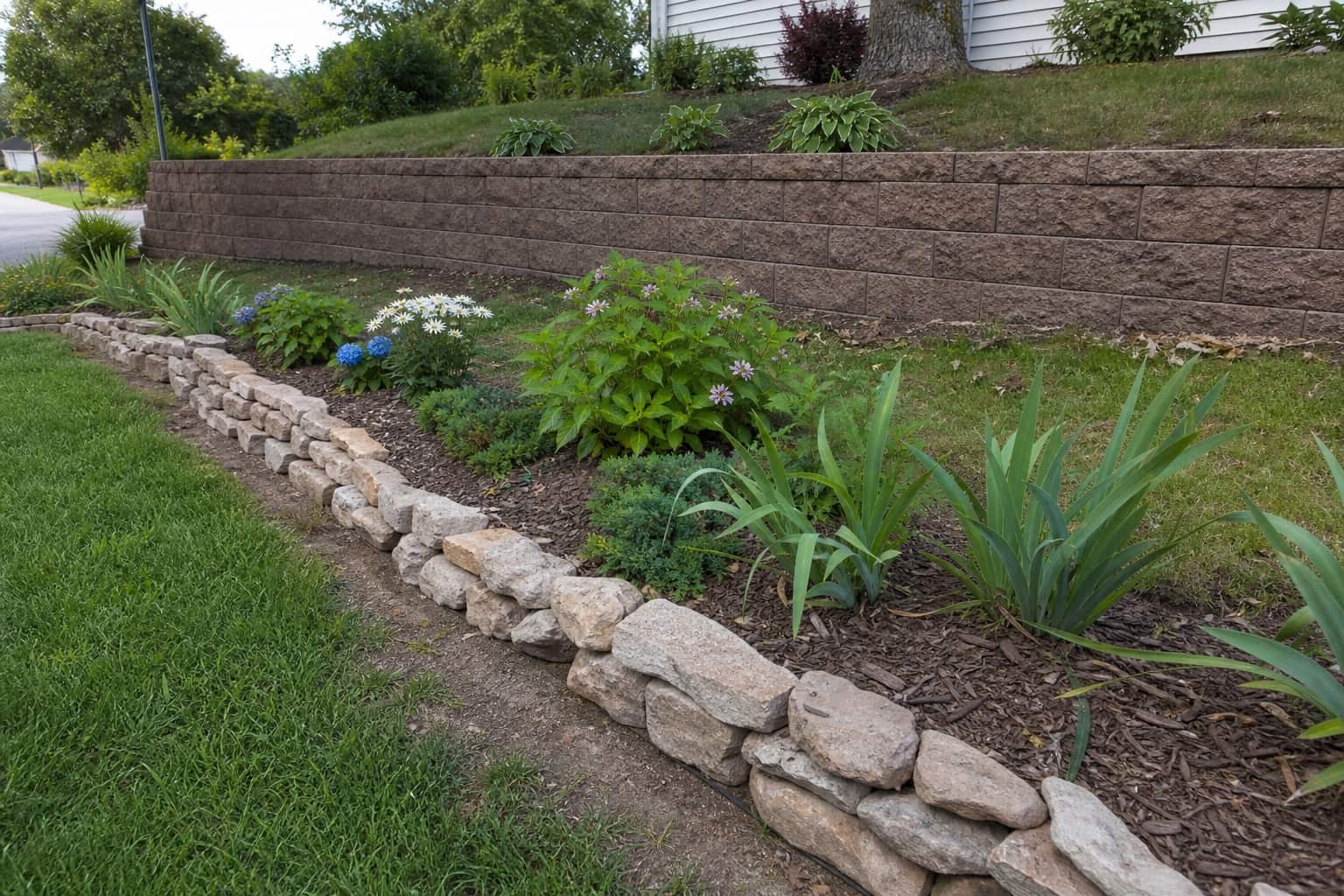 Yard showing a low decorative wall contrasted with a taller structural retaining wall