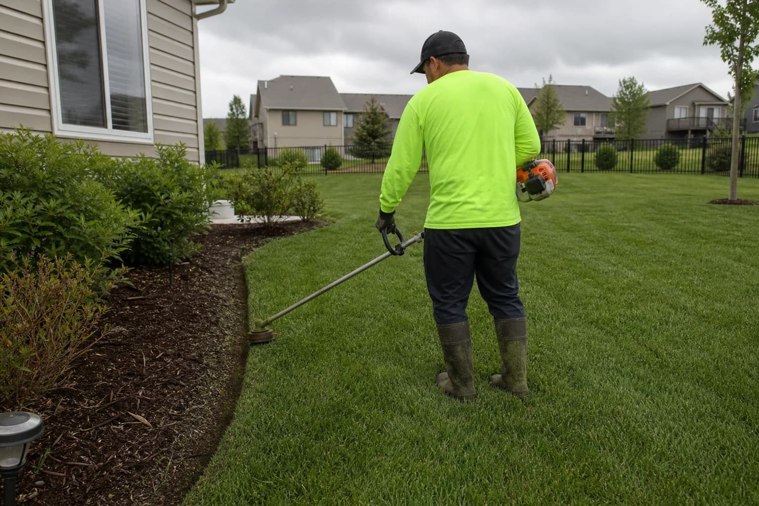Crew member mowing and trimming a residential lawn near a row of privacy trees