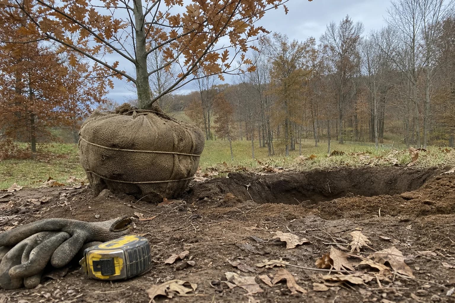 Balled and burlapped tree root ball ready for planting in Kentucky clay soil