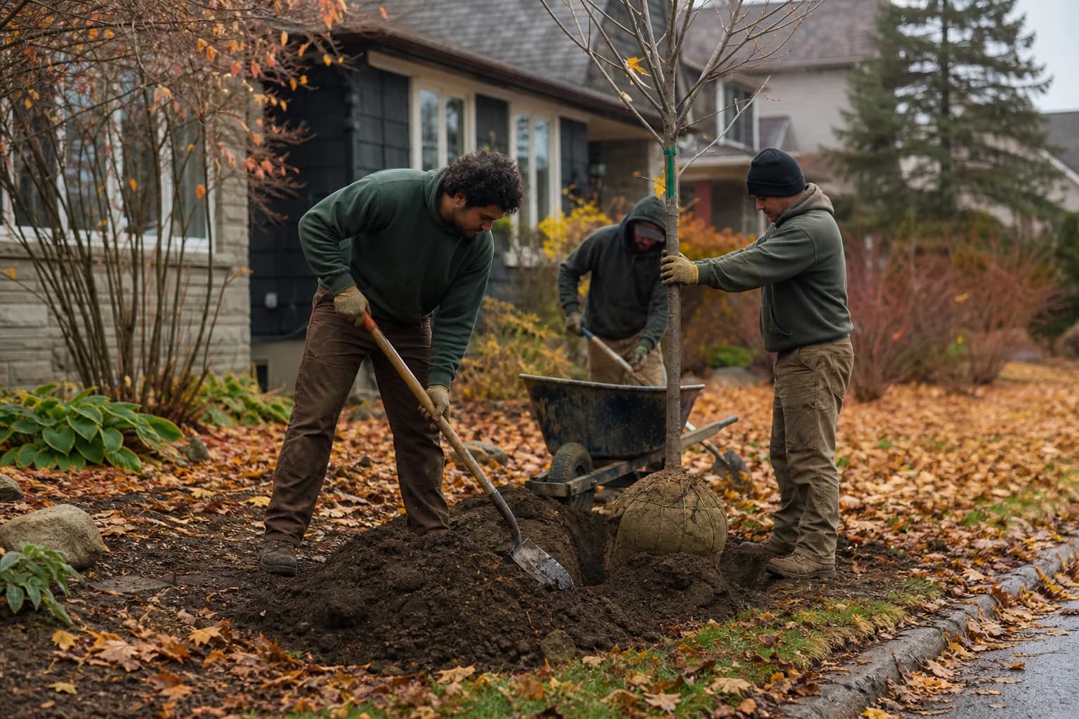 Crew planting a tree in autumn with fallen leaves on the ground