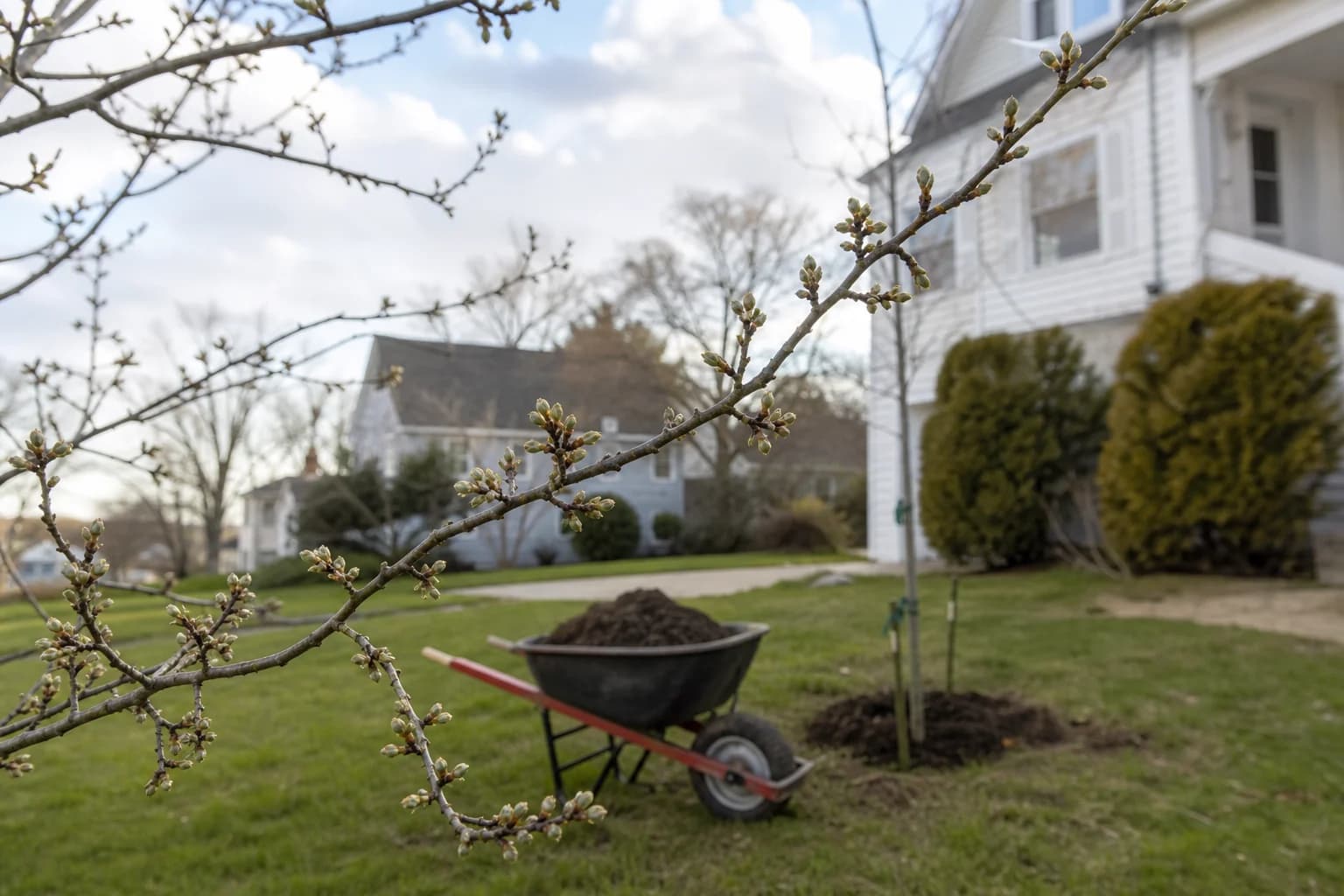 Crew planting a tree in spring with new buds visible on nearby trees