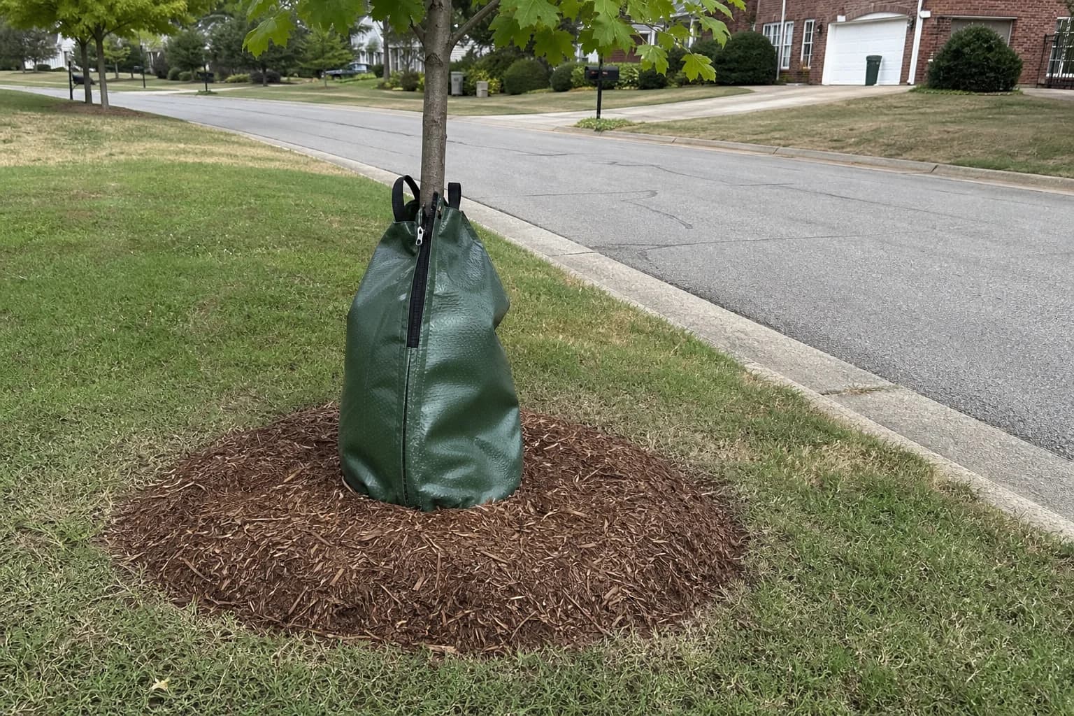 Newly planted tree with a green watering bag and clean mulch ring