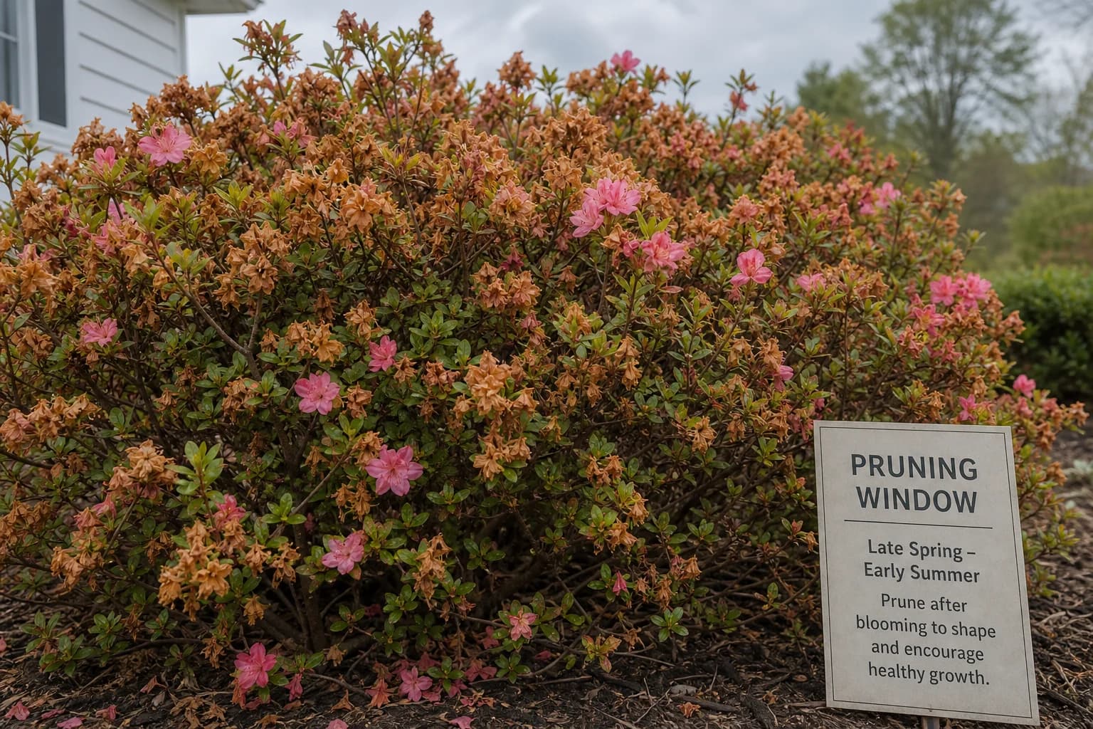 Faded azalea bloom signifying the end of the spring pruning window