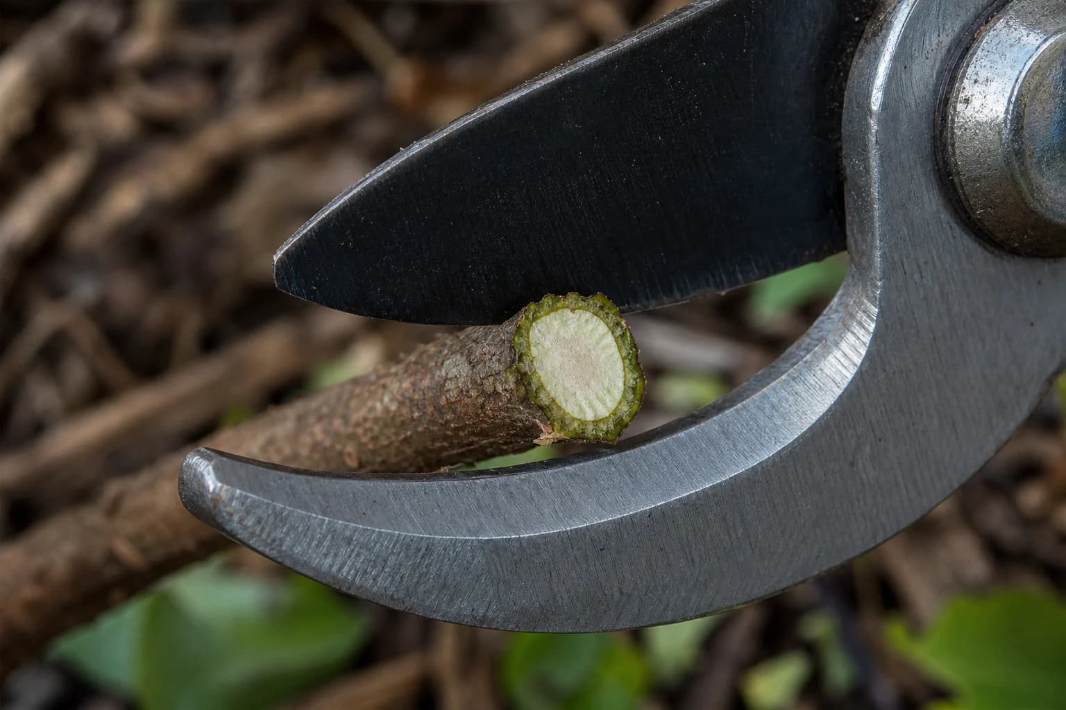 Close-up of hand pruners making a clean, selective cut on a shrub branch