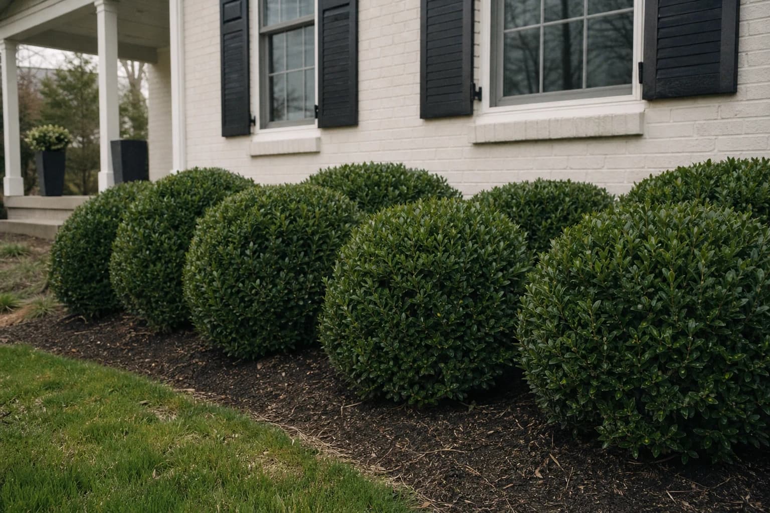 Rounded evergreen boxwoods repeated beneath the windows of a home