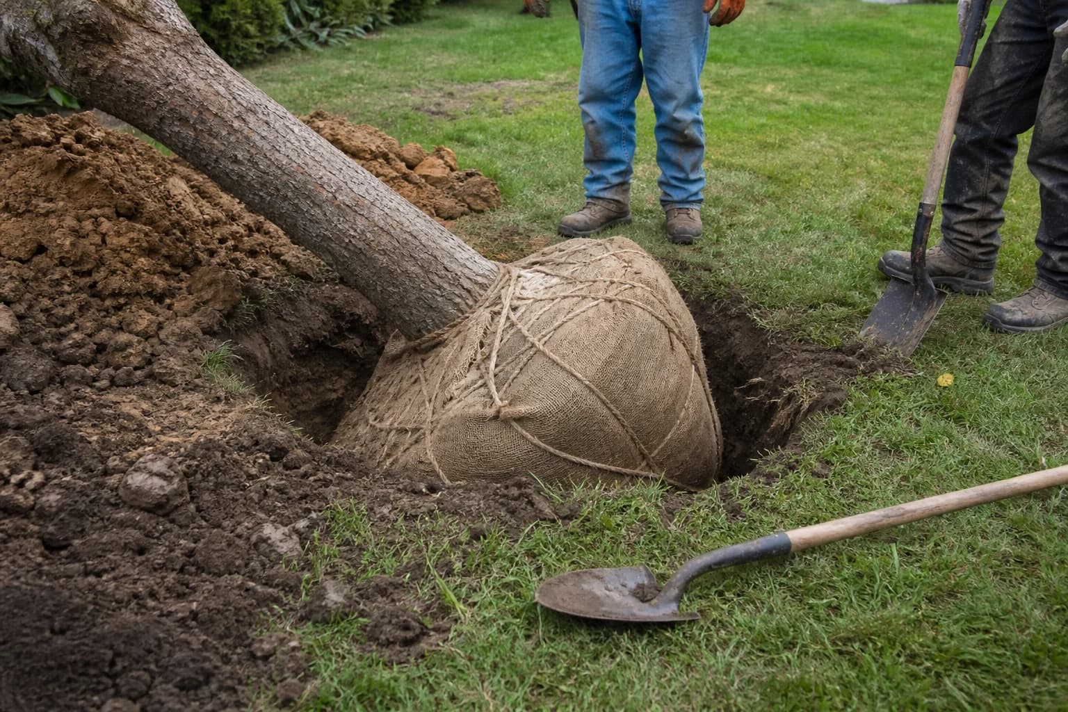 Landscaping crew actively planting a balled-and-burlapped specimen tree in a residential yard