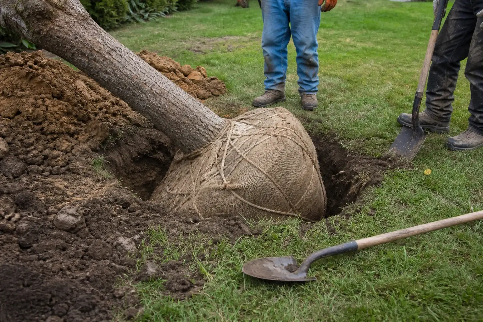 Landscaping crew actively planting a balled-and-burlapped specimen tree in a residential yard