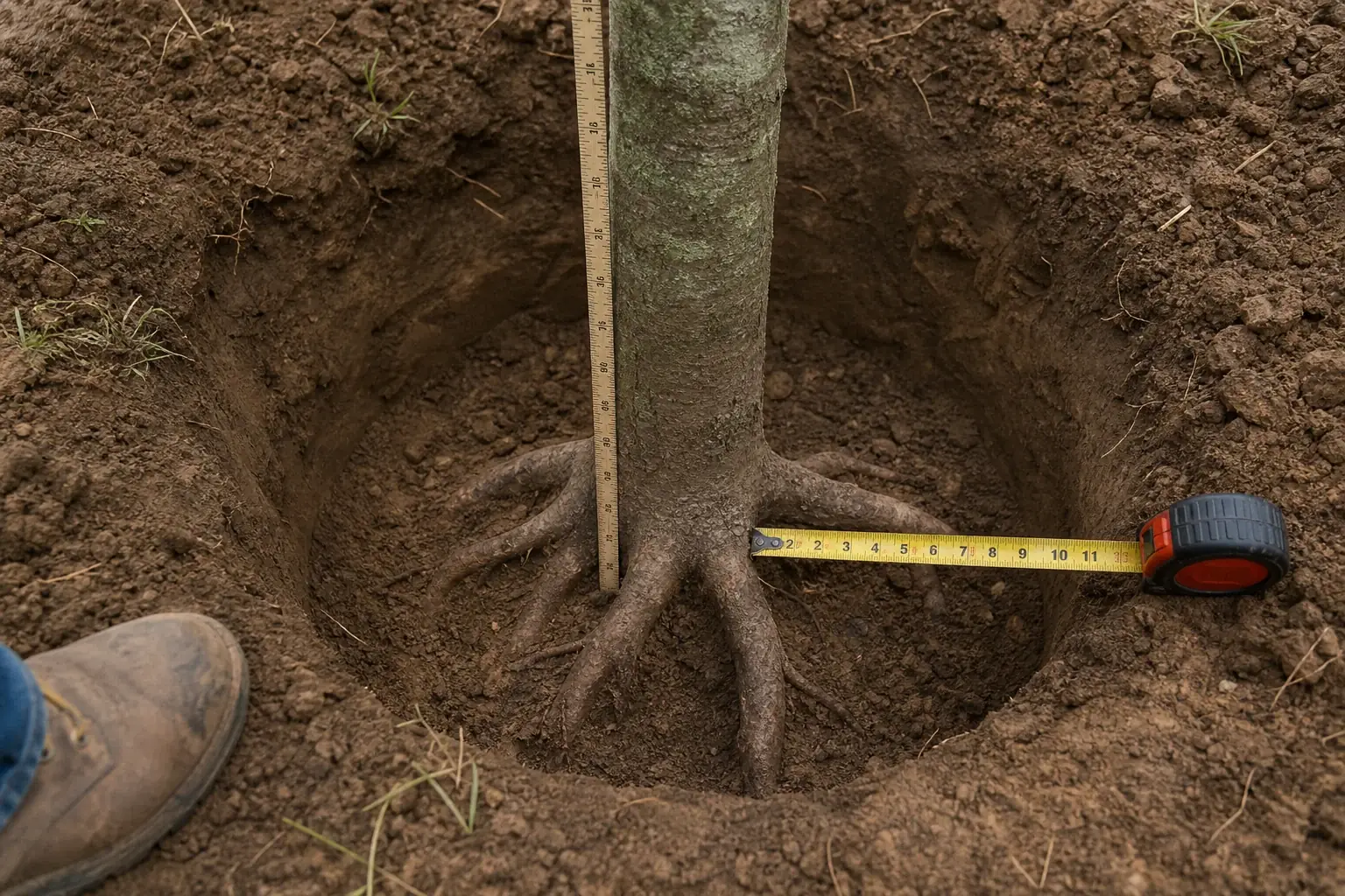 Correct tree planting depth and root ball placement in excavated hole with clay soil
