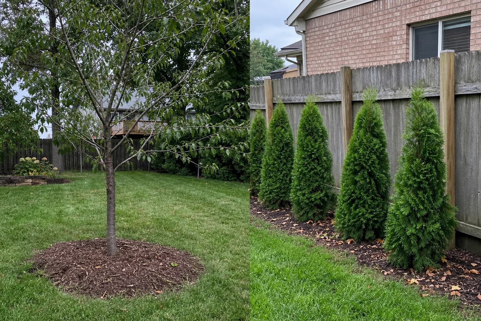 Side-by-side showing a single specimen tree install versus a privacy row planting project