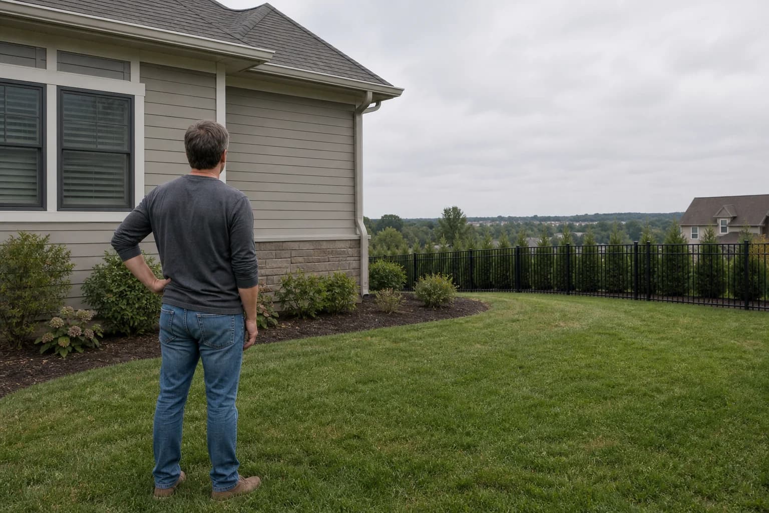 Homeowner evaluating where to plant a shade tree in a residential yard