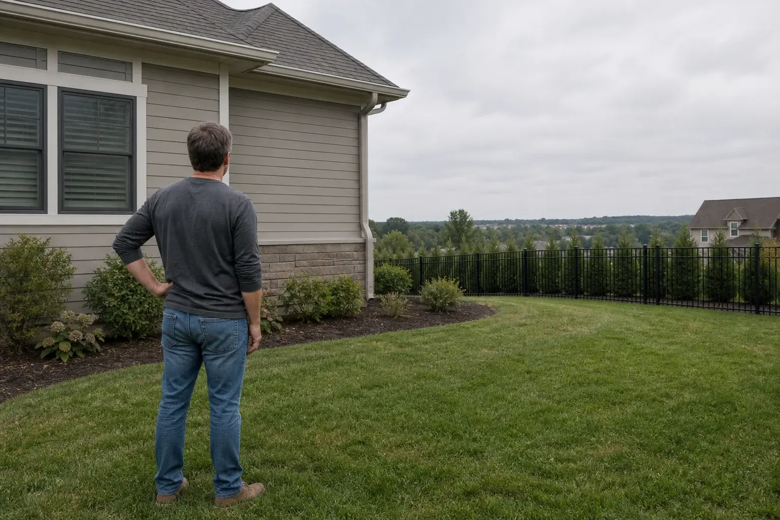 Homeowner standing in a yard evaluating where to plant a shade tree near the house