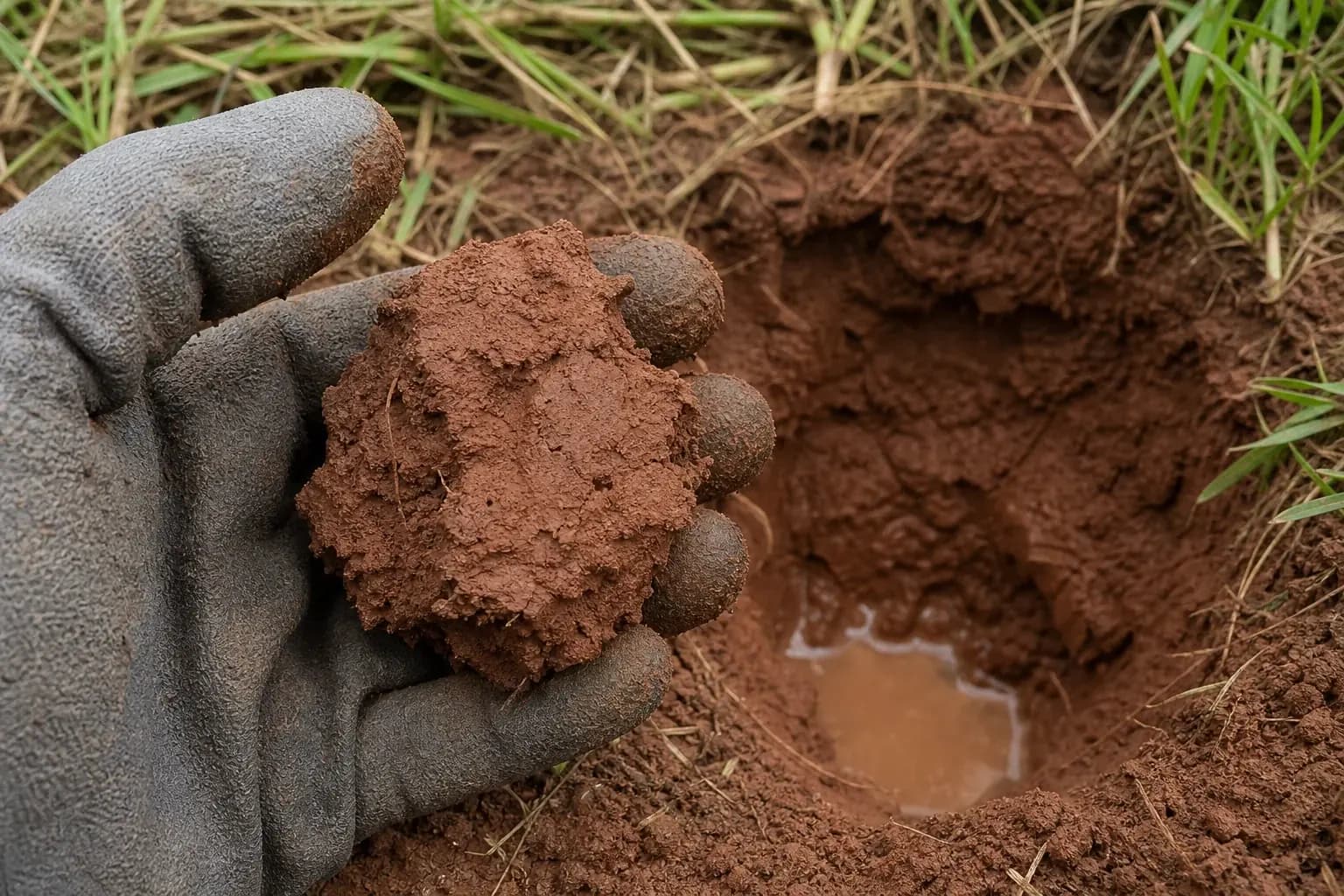 Close-up of Kentucky red clay soil and drainage conditions being assessed before tree planting