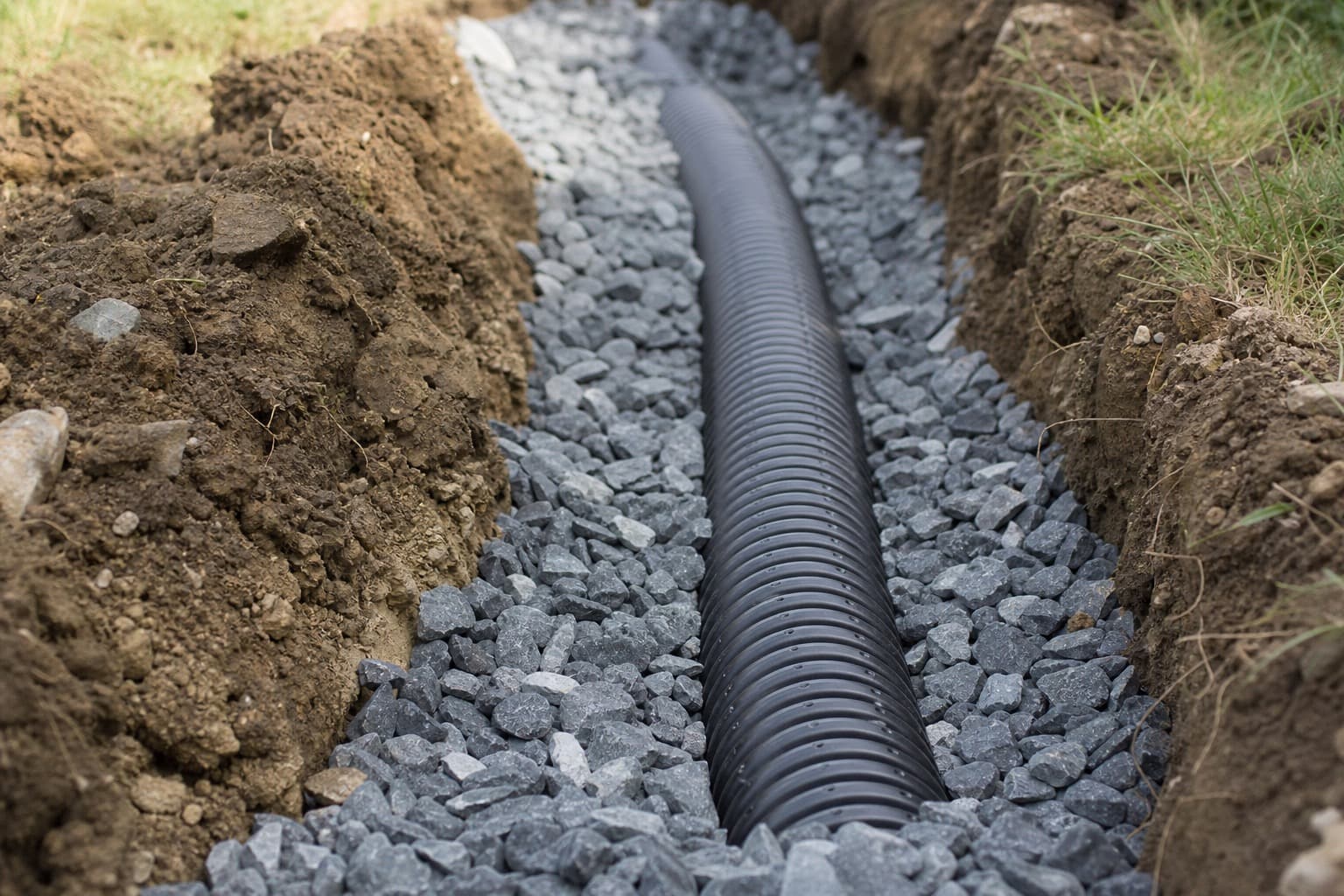 Shallow trench with gravel and perforated drain pipe exposed during drainage work