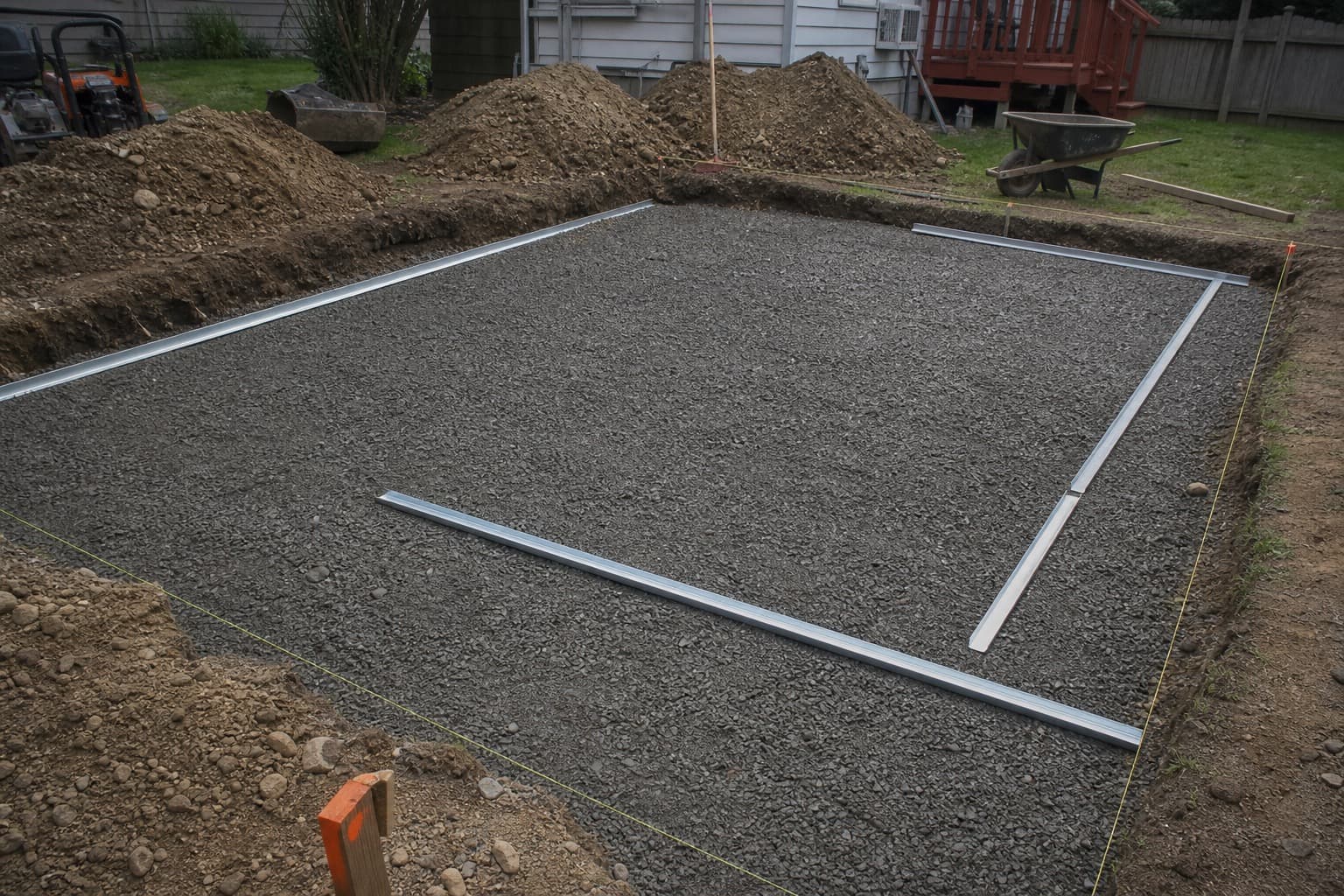 Paver base prep with compacted gravel and screed rails in an excavated patio area