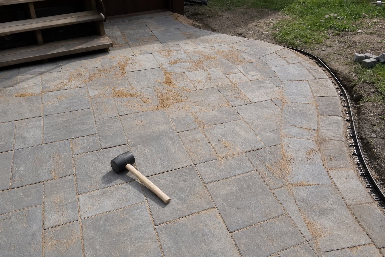 Laid concrete pavers with sand in joints during patio installation