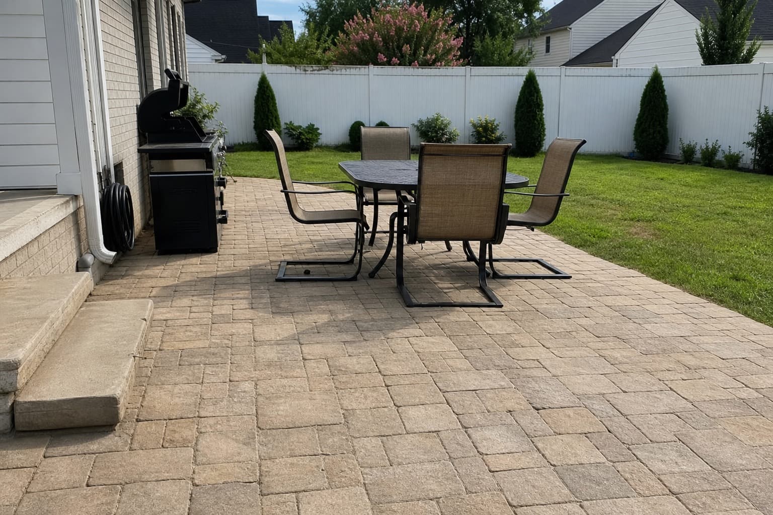 Custom paver patio and outdoor living space with clean hardscape lines