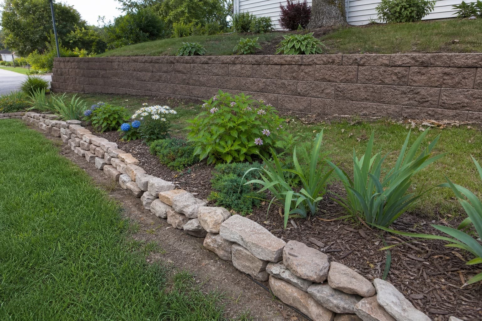 Yard showing a low decorative wall contrasted with a taller structural retaining wall