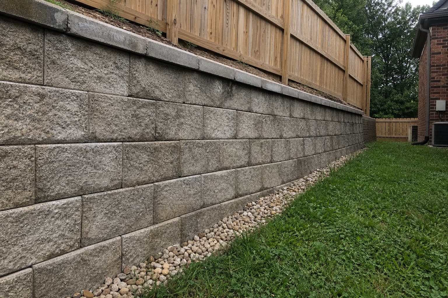 Structural retaining wall built with premium stone blocks for landscape grading