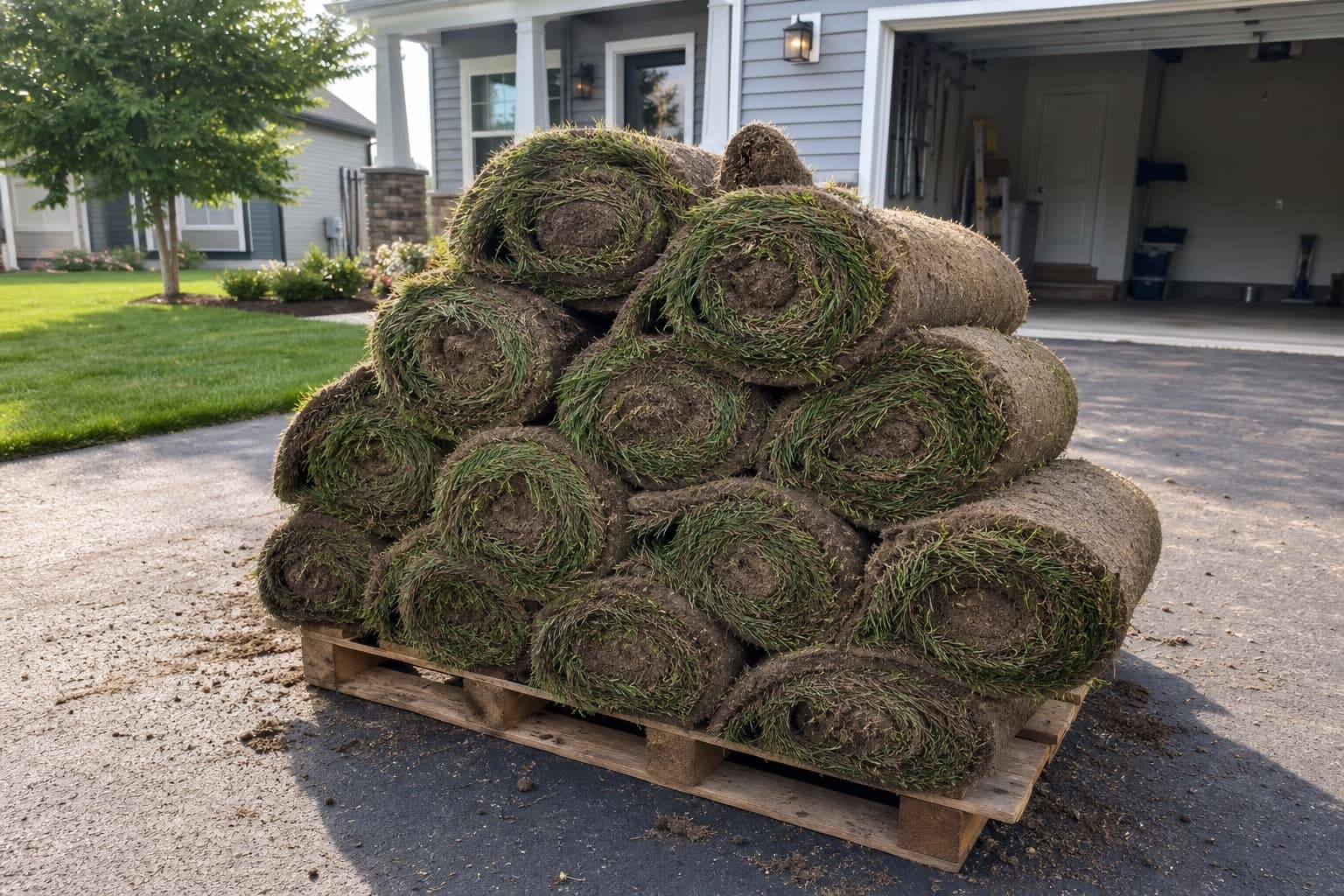 Pallet of fresh sod rolls delivered on a residential driveway