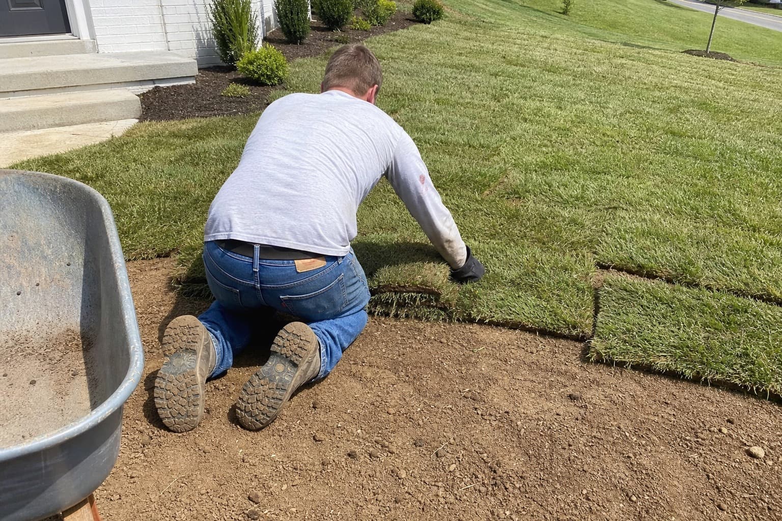 Crew rolling out fresh sod for a new residential lawn installation