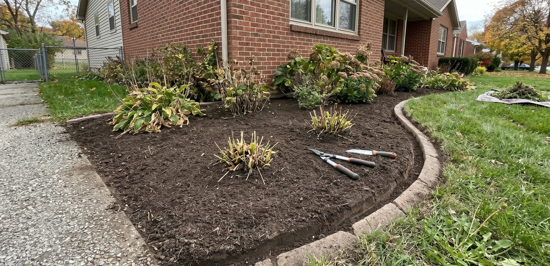 Example landscape bed during cleanup after debris removal and before final finishing
