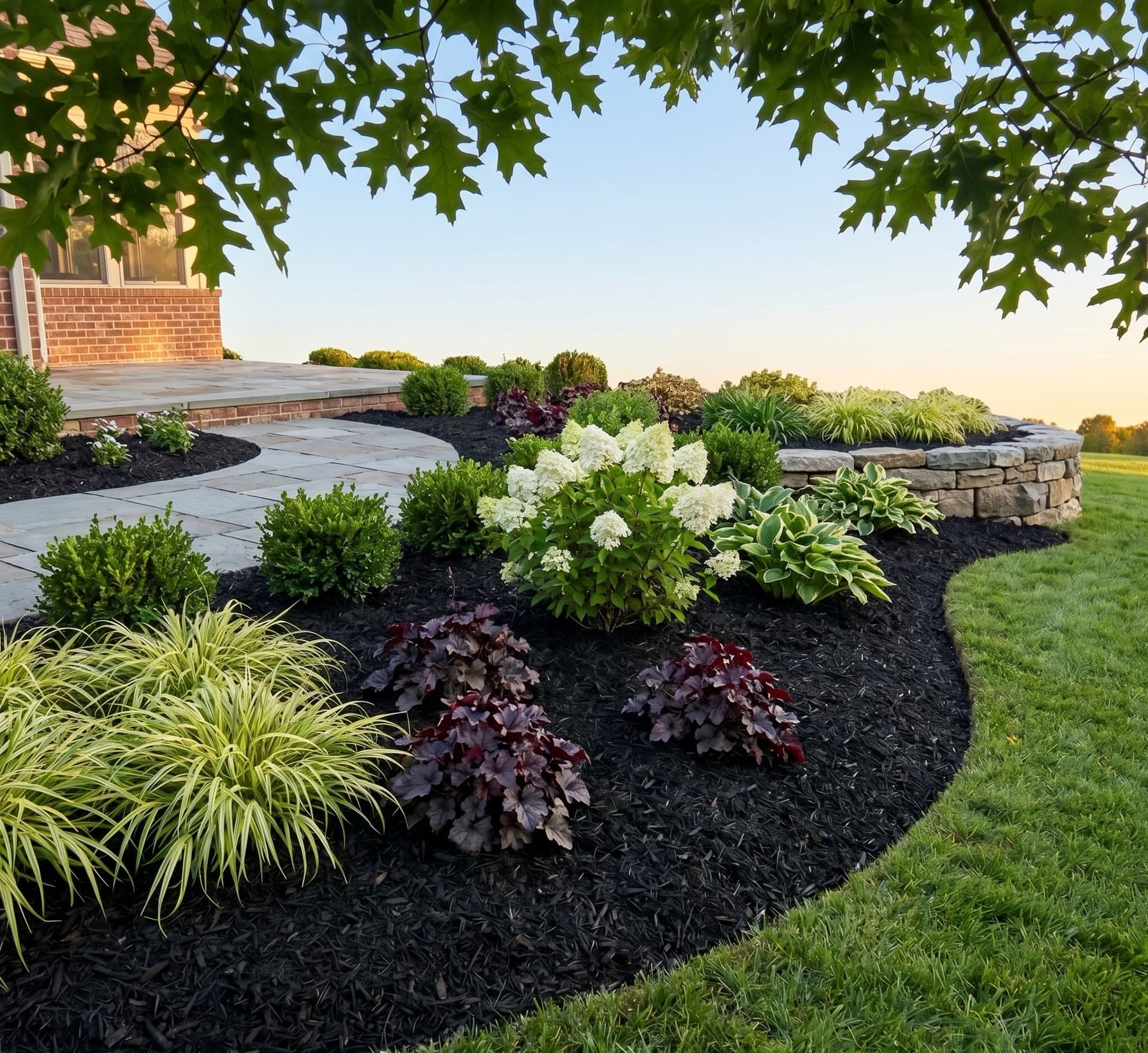 Example black mulch landscape bed with flowering shrubs and clean curved edging