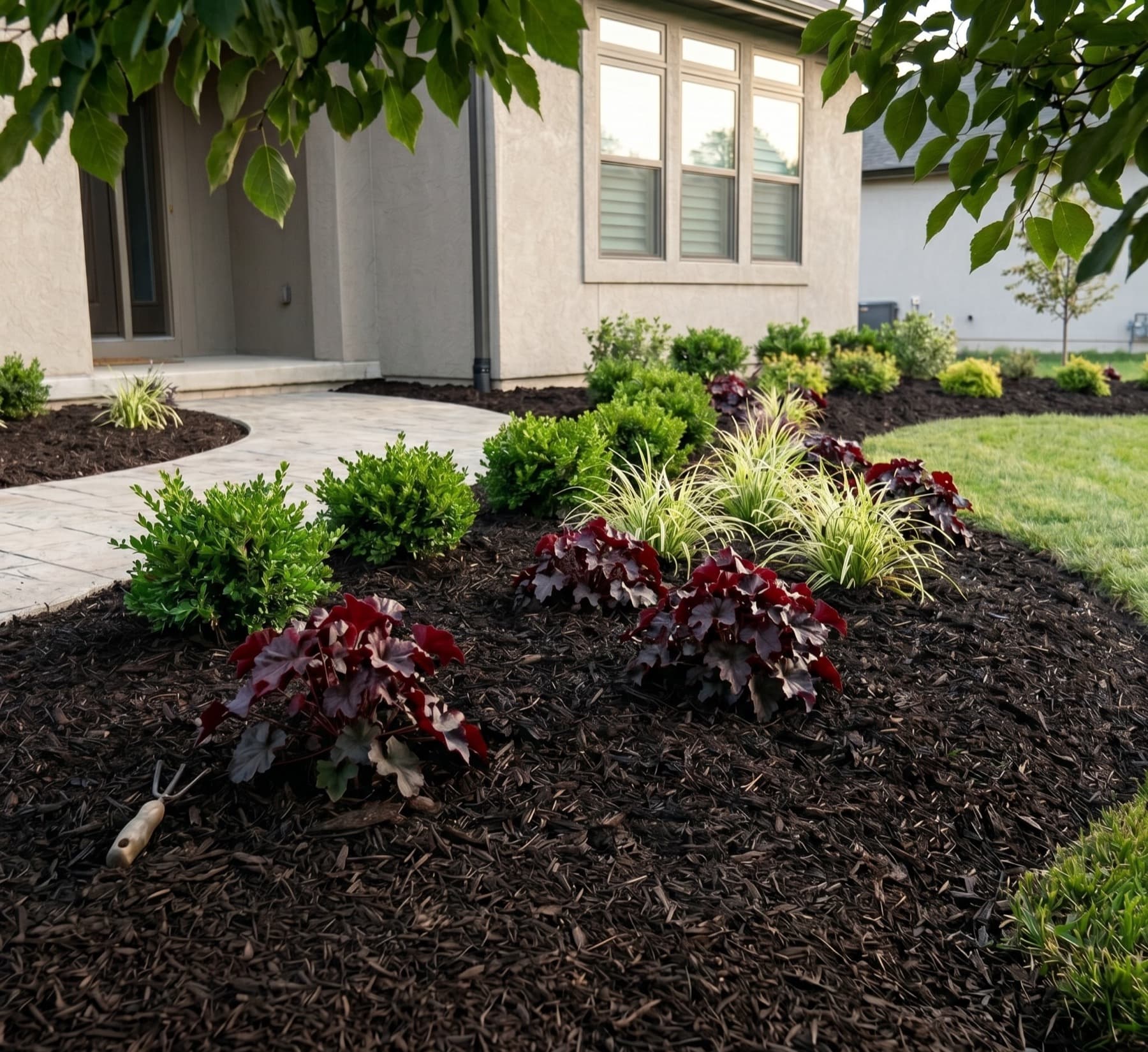 Example hardwood mulch landscape bed with ornamental shrubs and curved edging at a residential home