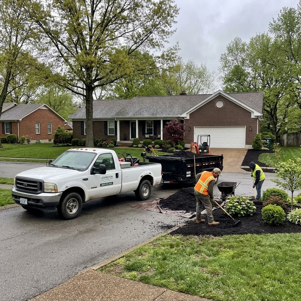 Residential mulch installation with crew and dump trailer at a Lexington property