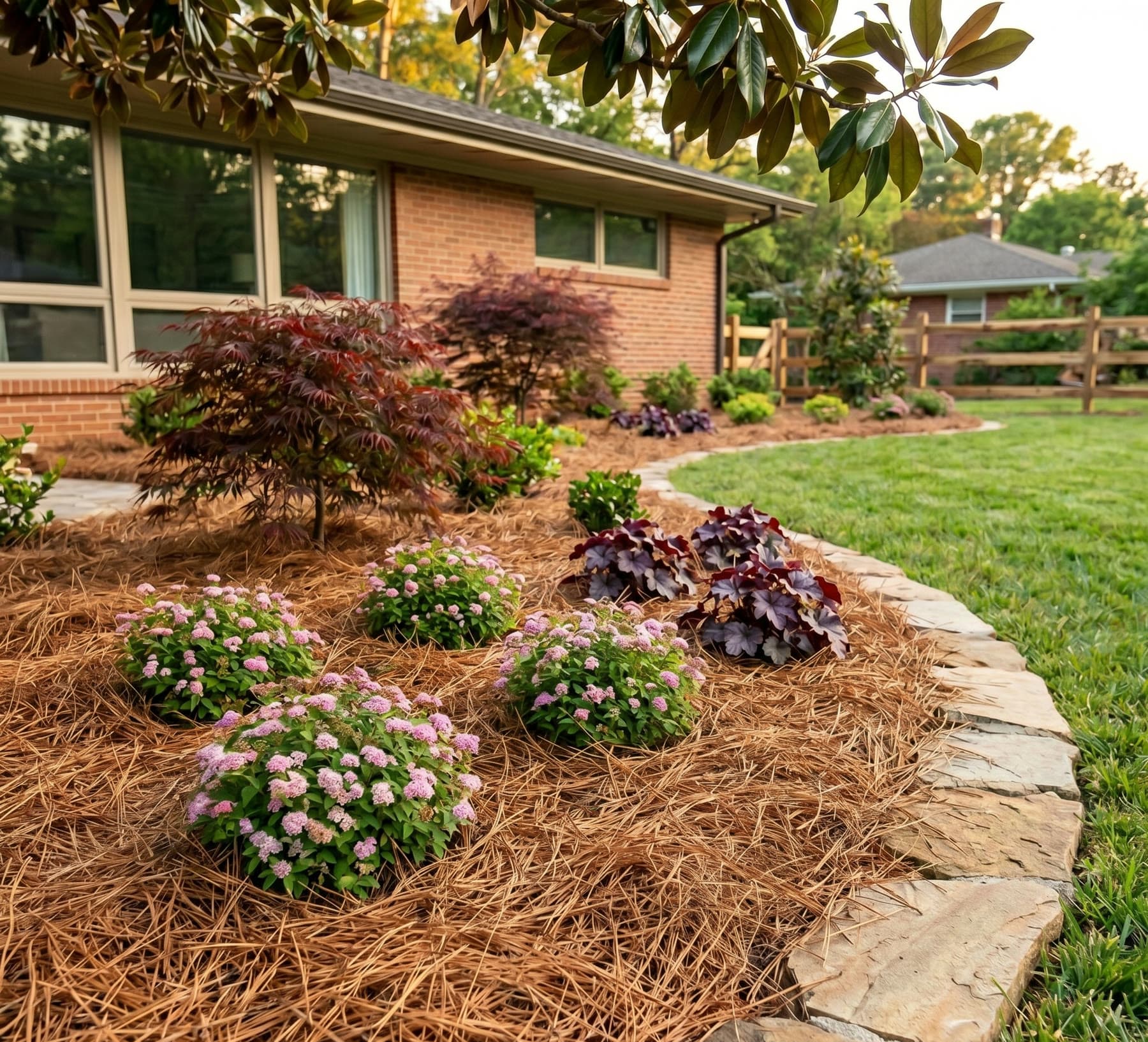 Example pine straw landscape bed with ornamental plants and stone edging
